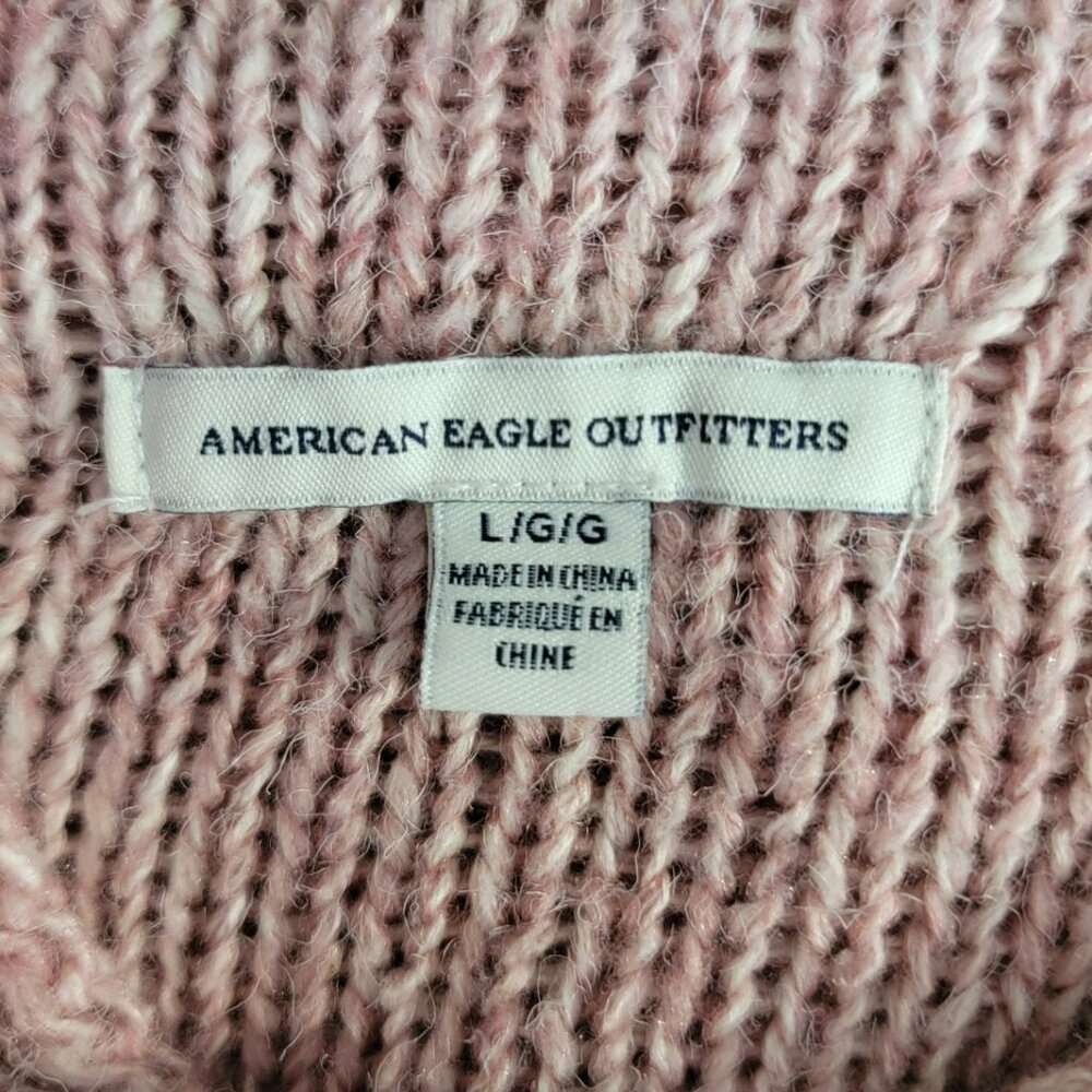 American Eagle Women Large Pink Knit Sweater Rolled Collar Chunky Contrast Knit - Picture 2 of 8